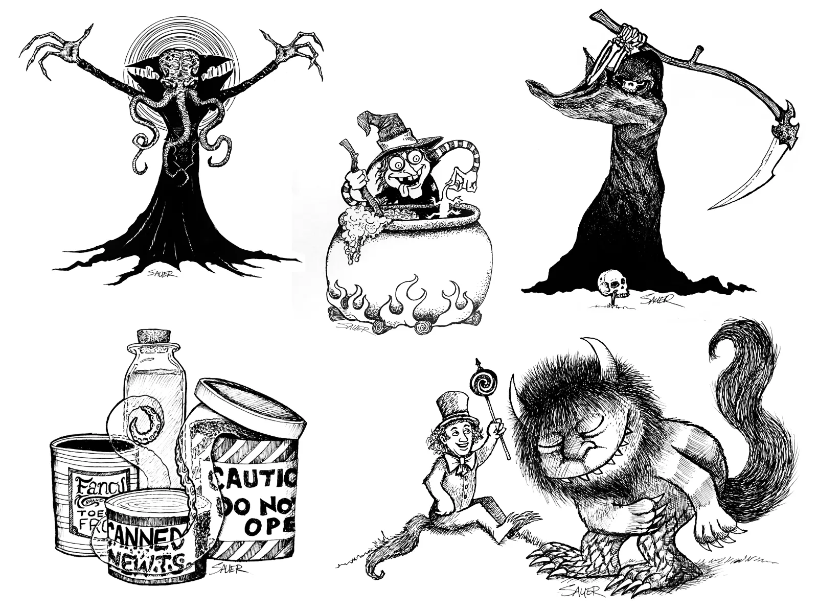 Black and white illustrations of a Mind Flayer, a witch, Death playing golf, a transparent tentacle, and a Willy Wonka Where the Wild Things Are mash-up