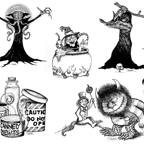 Stickers of inked illustrations of various creatures