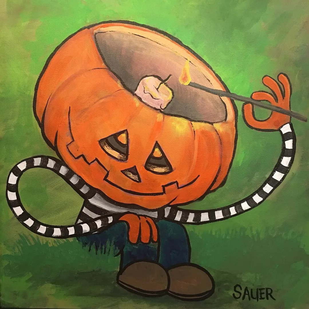 Acrylic painting of an original character. A figure sitting in the grass with a large jack-o-lantern as a head. He is lighting a candle in his head with a flaming stick. His arms are very long as to reach around his large head. He is wearing a black and white striped long-sleeve shirt, blue jeans, and brown shoes.