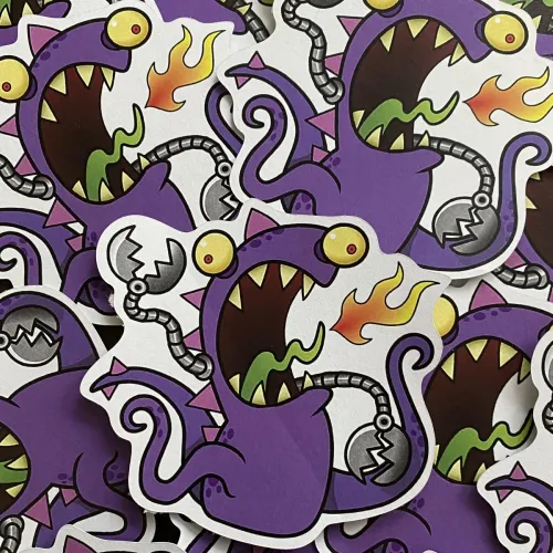 Stickers of a manic robot-monster breathing fire.
