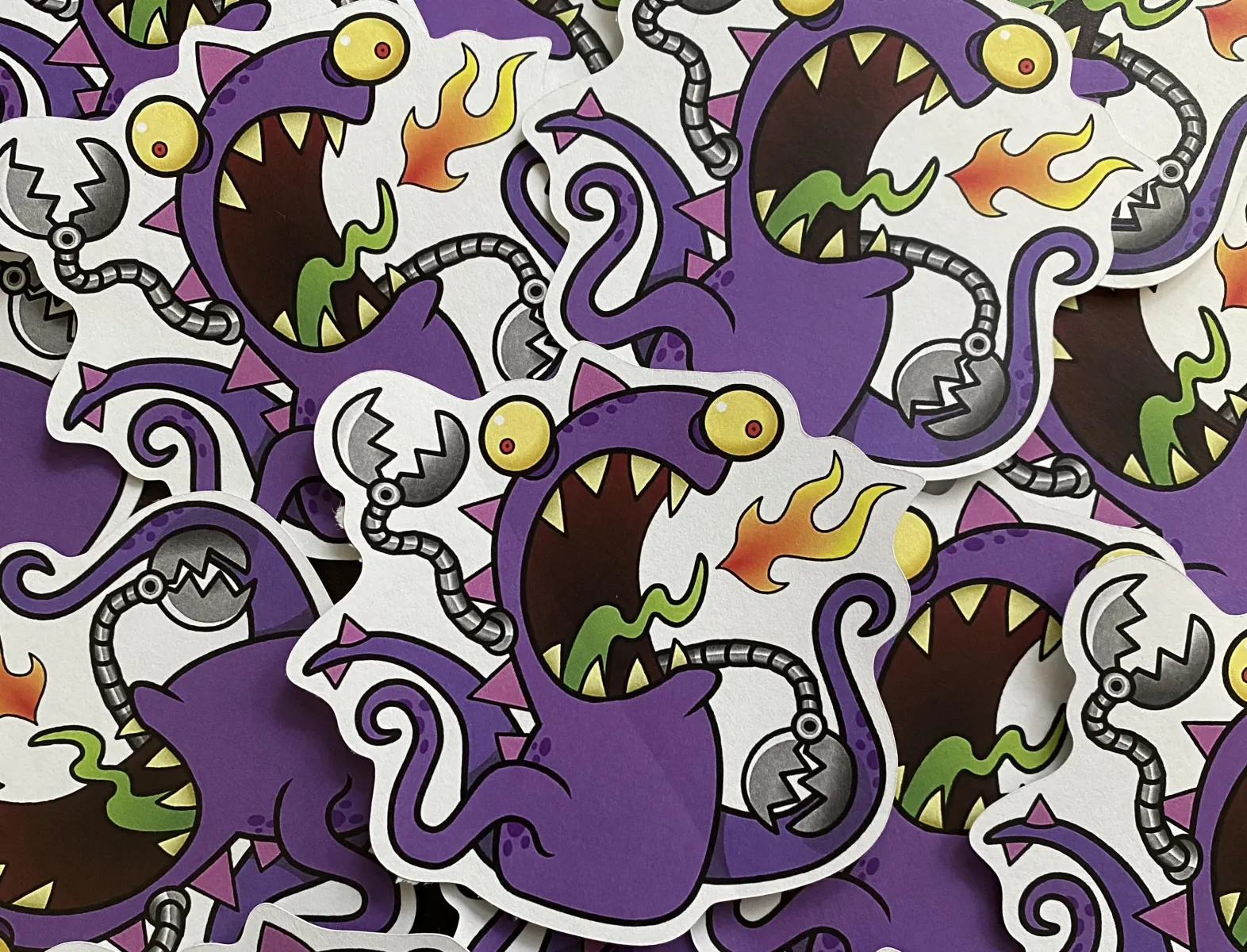 stickers that are color illustration of a a Mega Beastie - a fire-beathing dragon monster with robot arms.