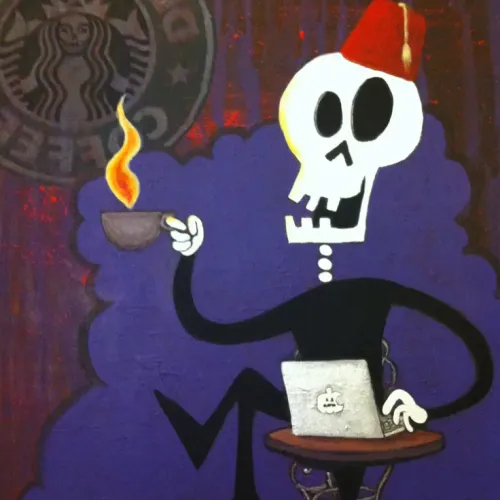 Original cartoon skeleton wearing black clothes and a red fez, sitting at a cafe table sipping a flaming coffee.
